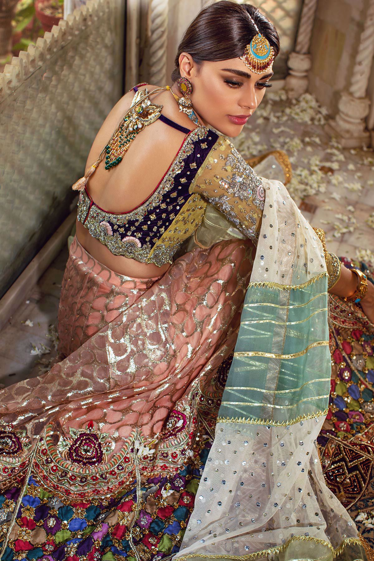 Pakistani Coral & Leaf Green Embroidered Velvet-Silk Lehenga (3-Piece) - Image 4