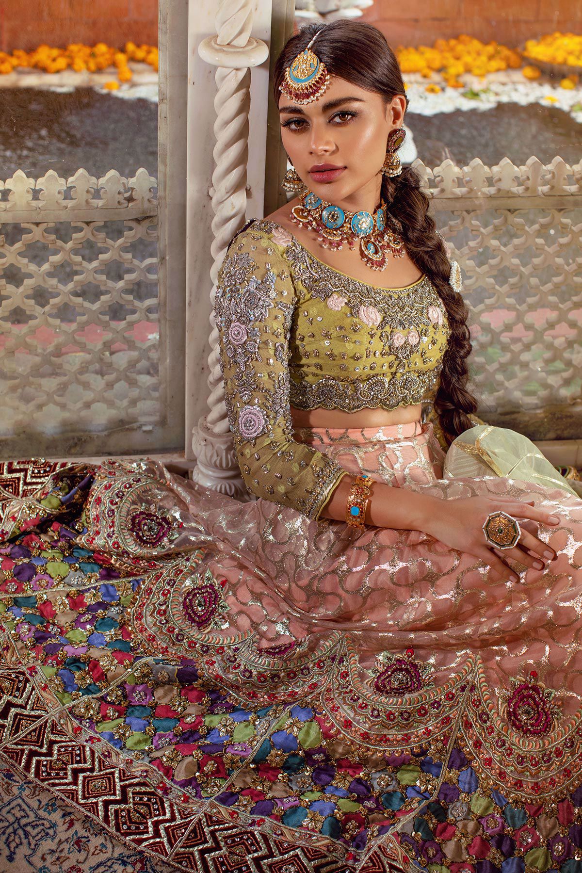 Pakistani Coral & Leaf Green Embroidered Velvet-Silk Lehenga (3-Piece) - Image 5