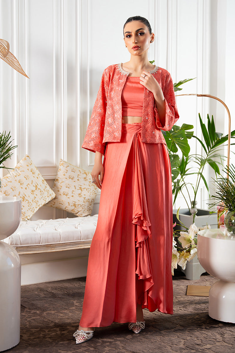 Pakistani Salmon Coral Embroidered Silk Jacket & Pleated Skirt (3-Piece) - Image 1