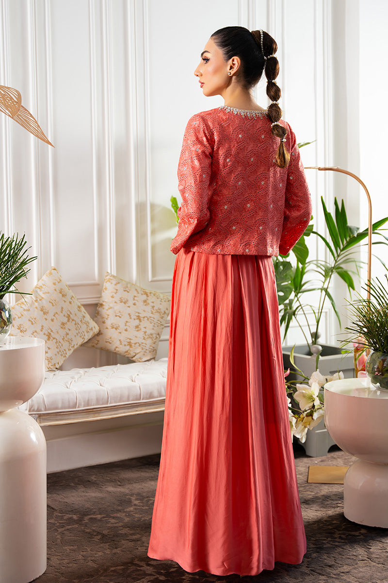 Pakistani Salmon Coral Embroidered Silk Jacket & Pleated Skirt (3-Piece) - Image 2