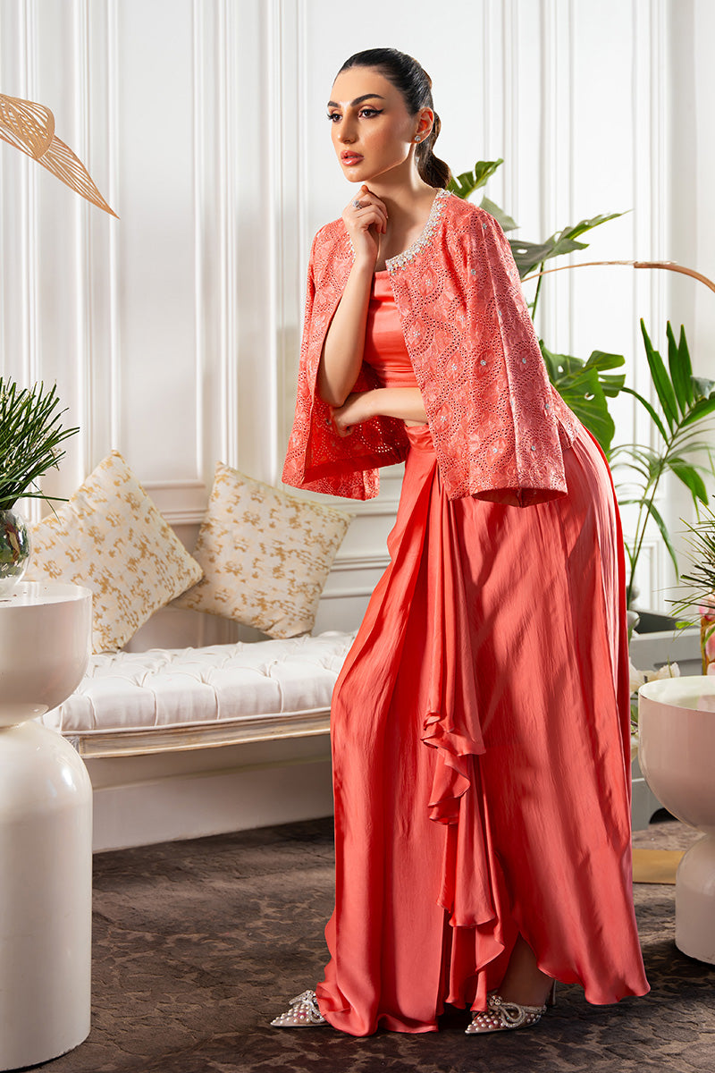 Pakistani Salmon Coral Embroidered Silk Jacket & Pleated Skirt (3-Piece) - Image 7