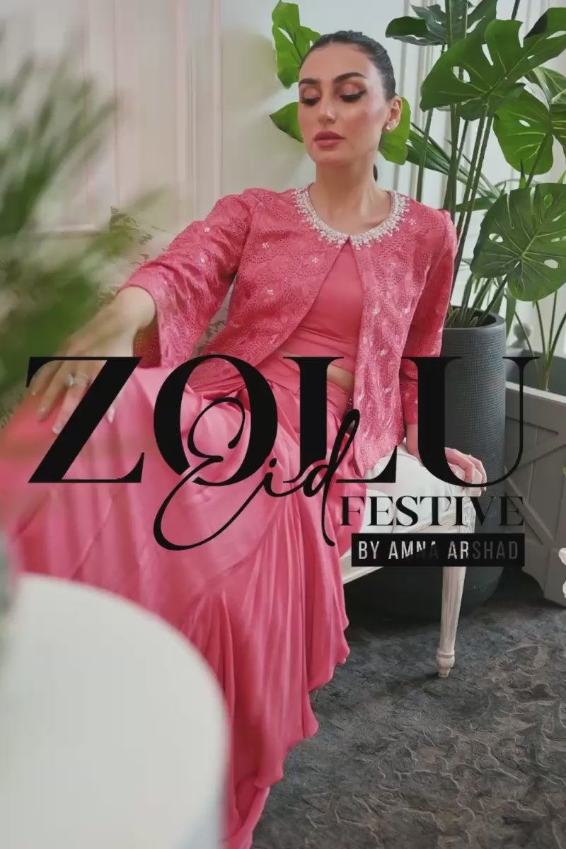 Pakistani Salmon Coral Embroidered Silk Jacket & Pleated Skirt (3-Piece) - Image 8