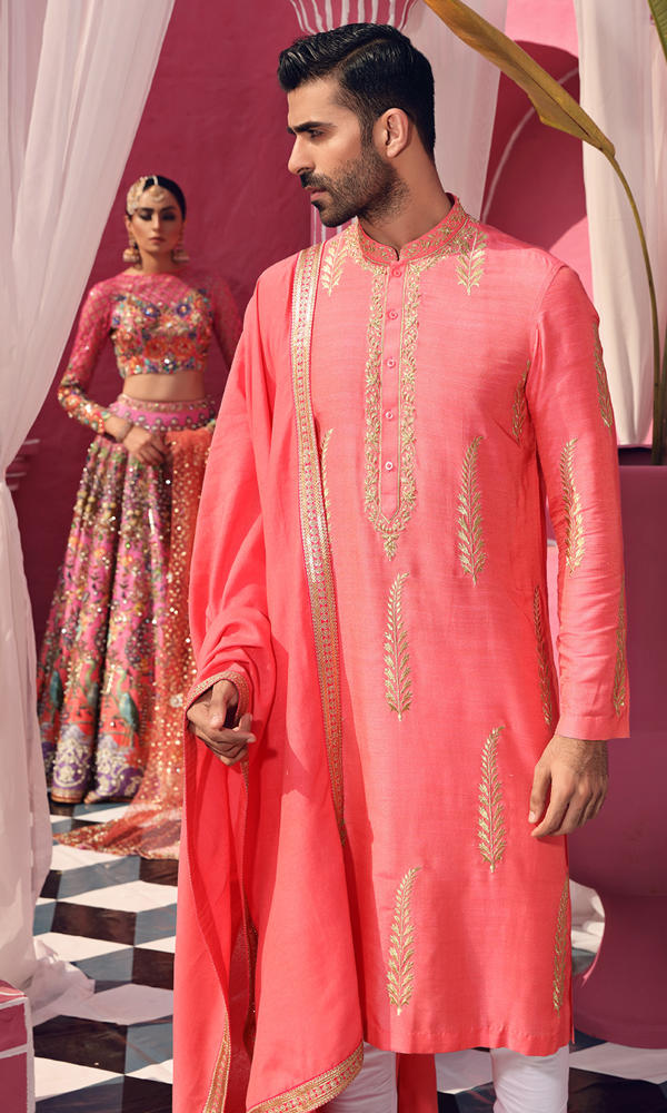 Candy Coral Gold Embroidered Silk-Blend Kurta (3-Piece) - Image 2