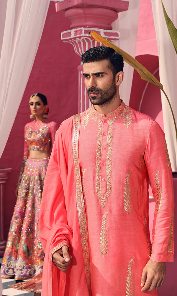 Candy Coral Gold Embroidered Silk-Blend Kurta (3-Piece) - Image 3