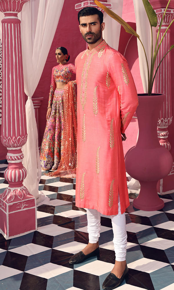 Candy Coral Gold Embroidered Silk-Blend Kurta (3-Piece) - Image 4