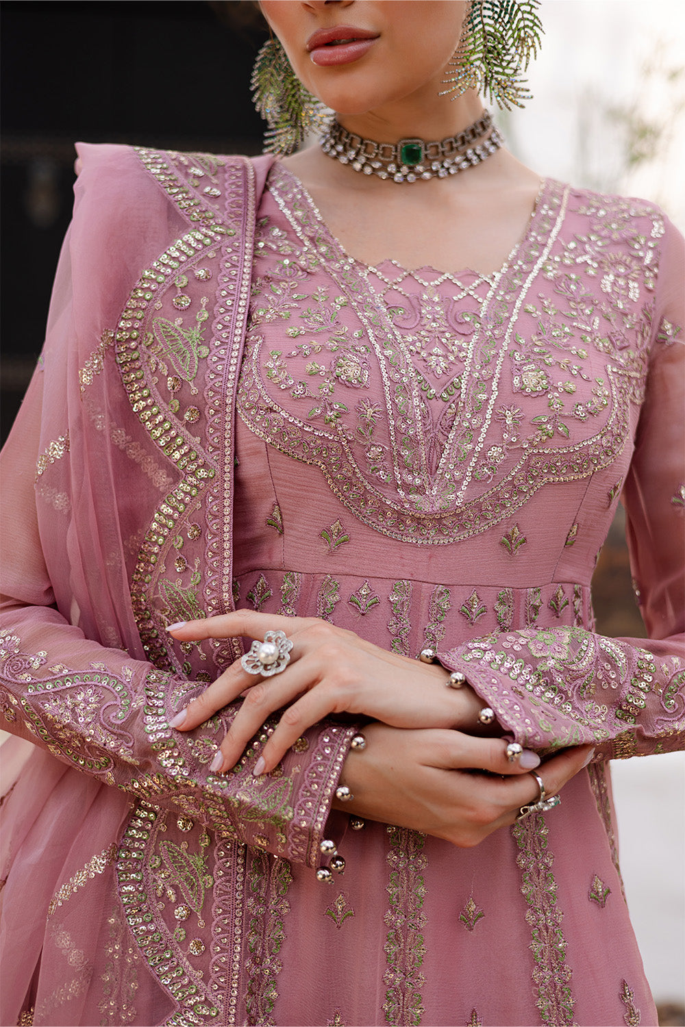 Light Coral Embroidered Chiffon Organza Pishwas (3-Piece) - Image 2