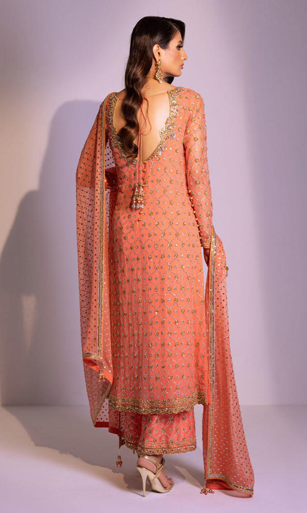 Coral Gold Handworked Chiffon Salwar Kameez (3-Piece) - Image 4