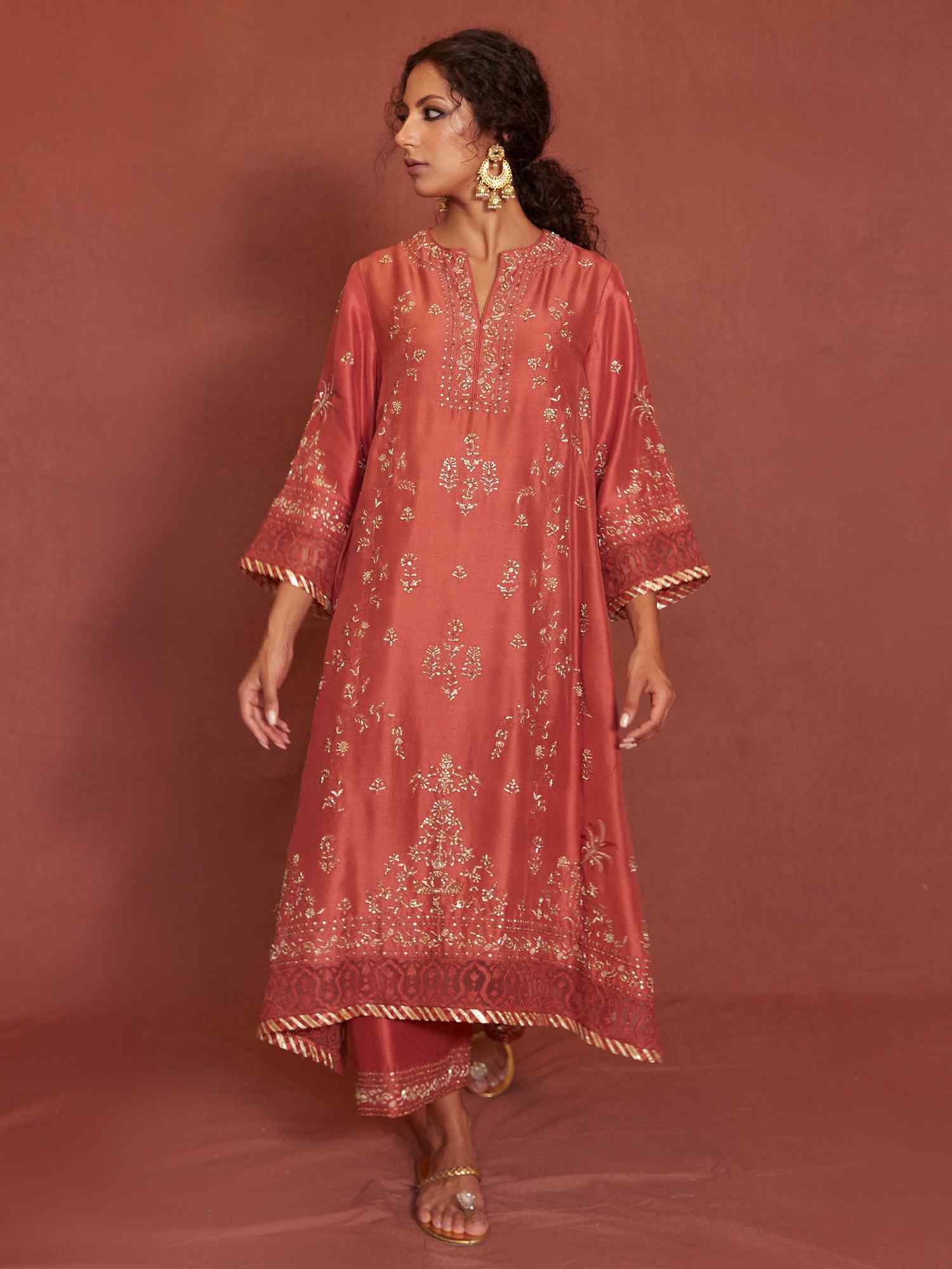 Coral Zardozi & Gota Raw Silk Kurti Set (2-Piece) - Image 1