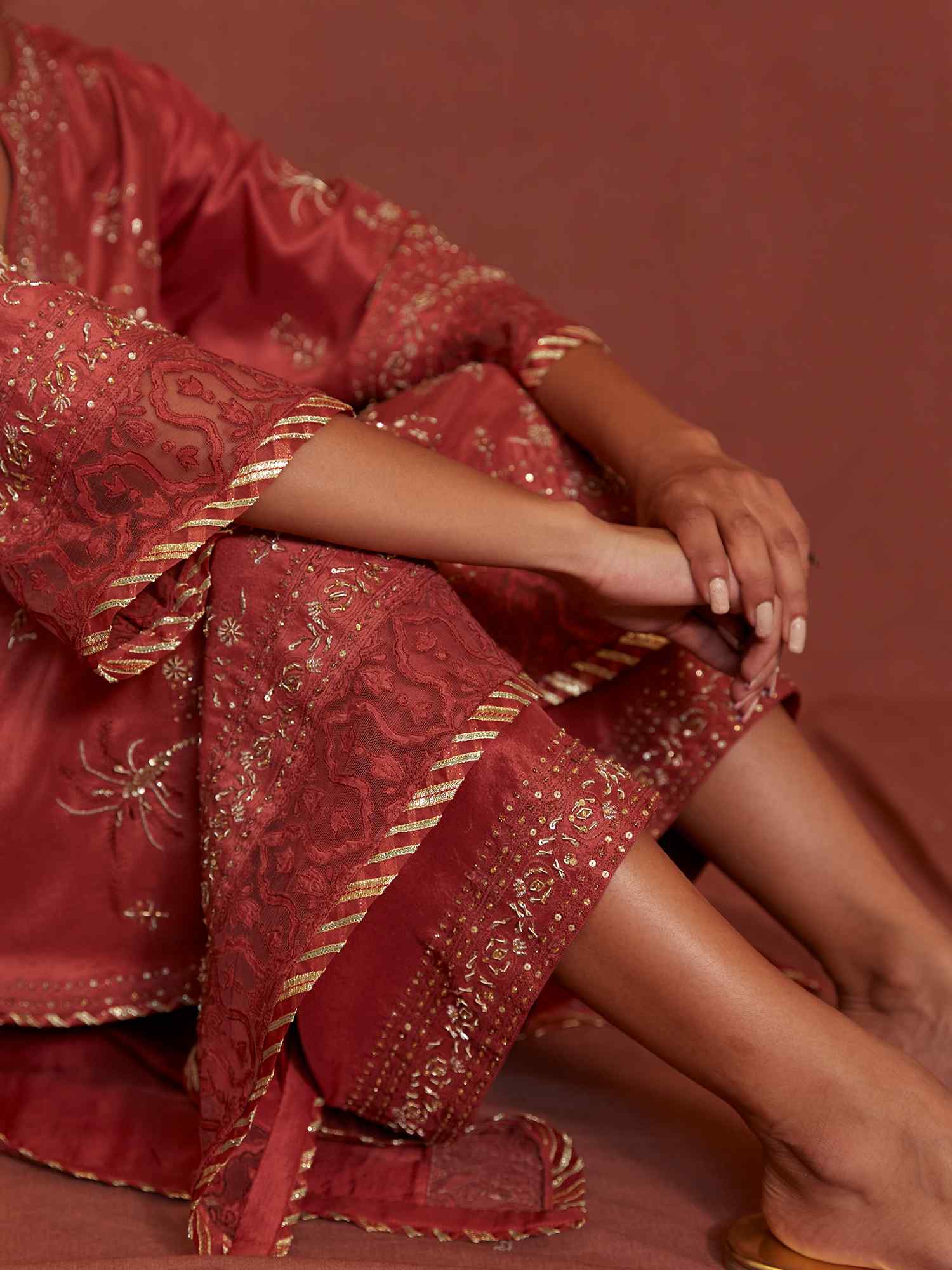 Coral Zardozi & Gota Raw Silk Kurti Set (2-Piece) - Image 2