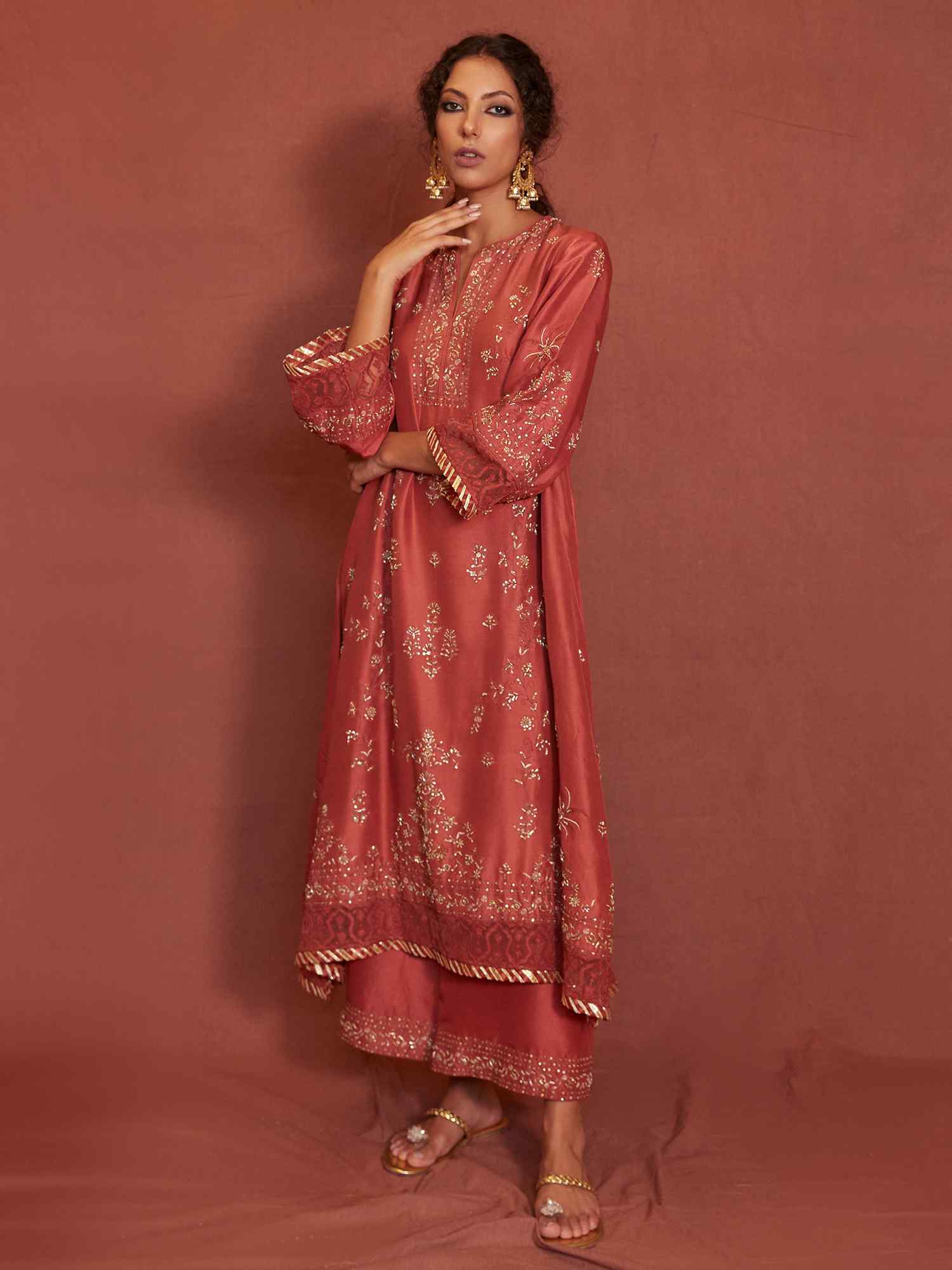 Coral Zardozi & Gota Raw Silk Kurti Set (2-Piece) - Image 3