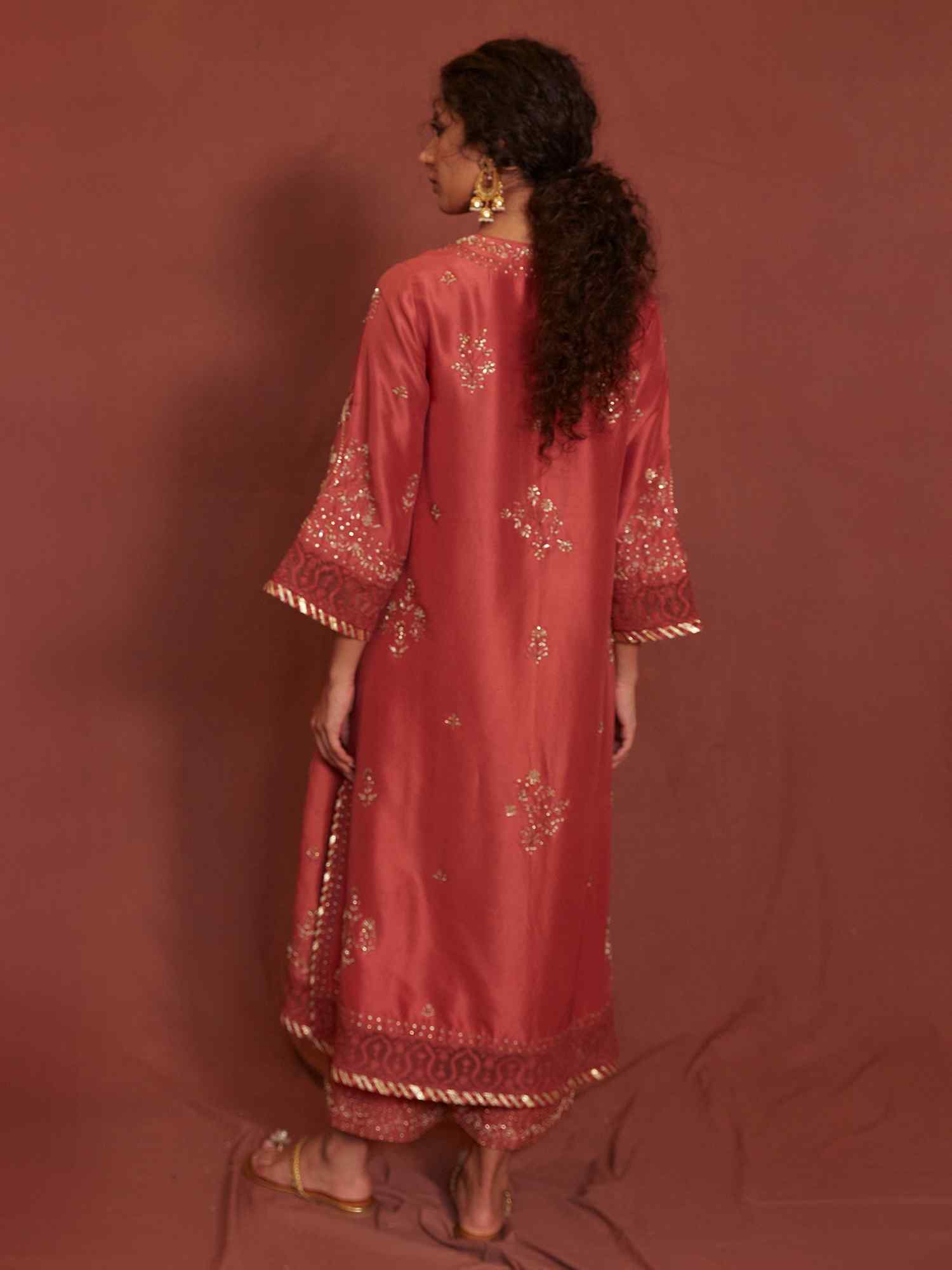 Coral Zardozi & Gota Raw Silk Kurti Set (2-Piece) - Image 4