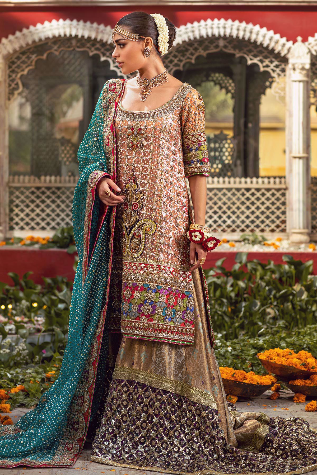 Coral Peach Embroidered Shimmer Organza Sharara (3-Piece) - Image 1