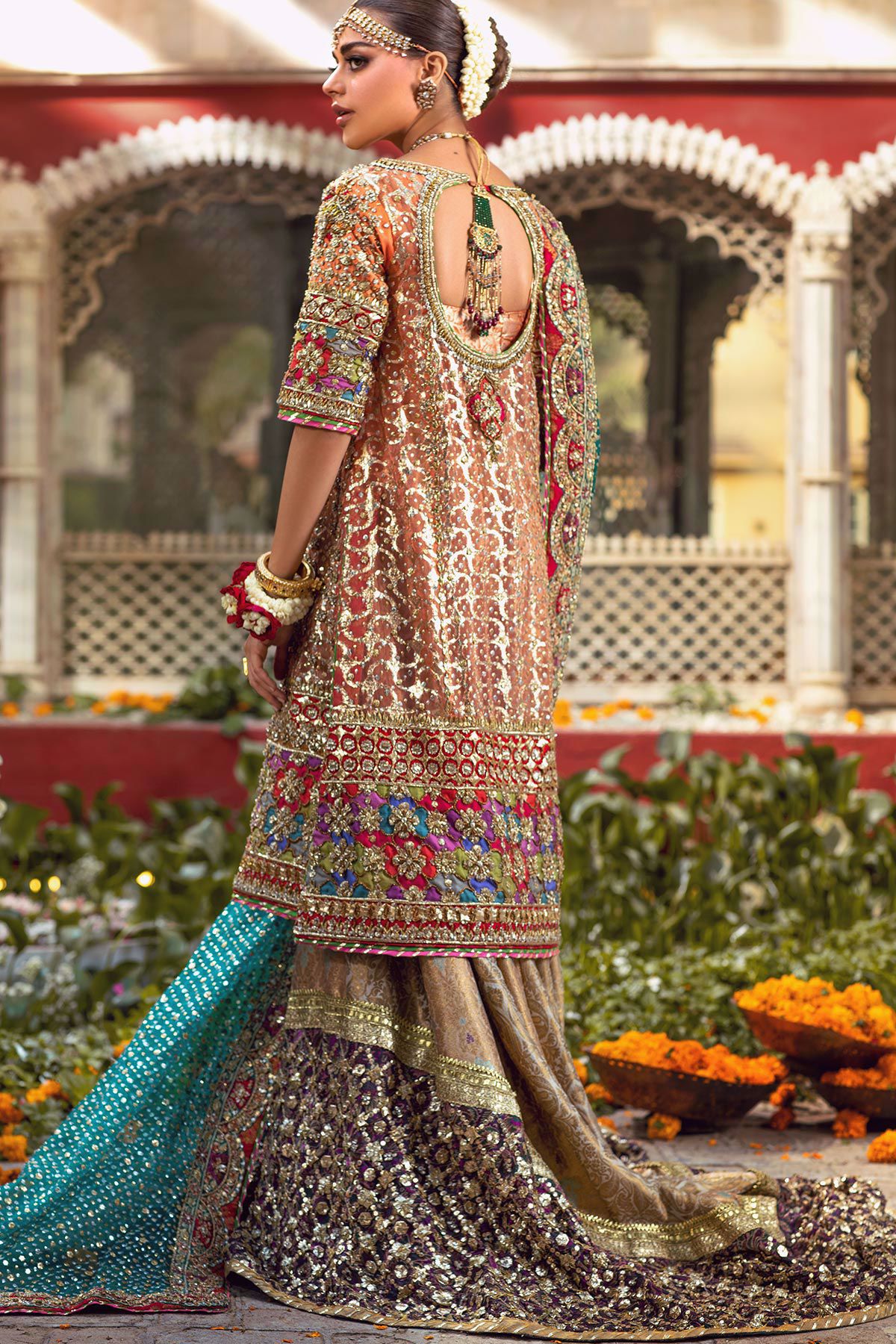 Coral Peach Embroidered Shimmer Organza Sharara (3-Piece) - Image 2