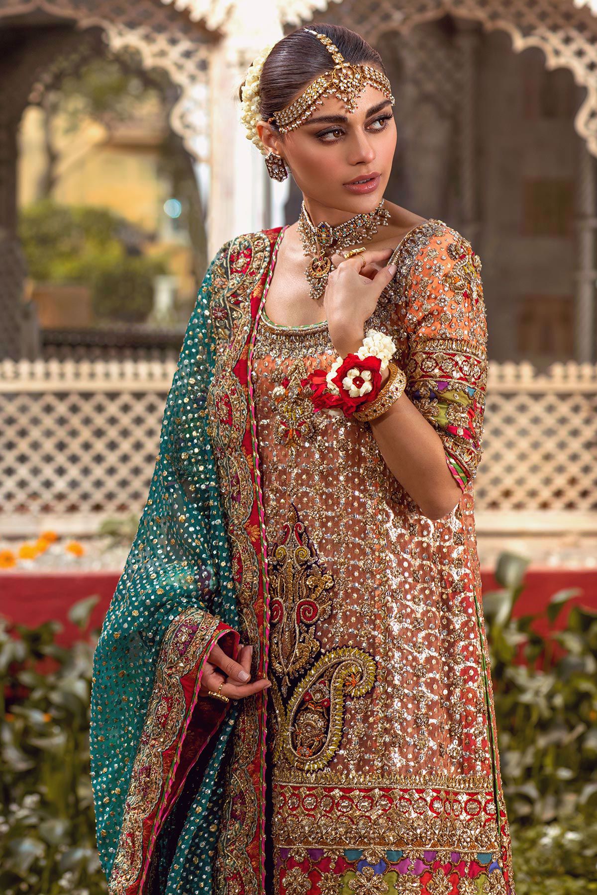 Coral Peach Embroidered Shimmer Organza Sharara (3-Piece) - Image 3