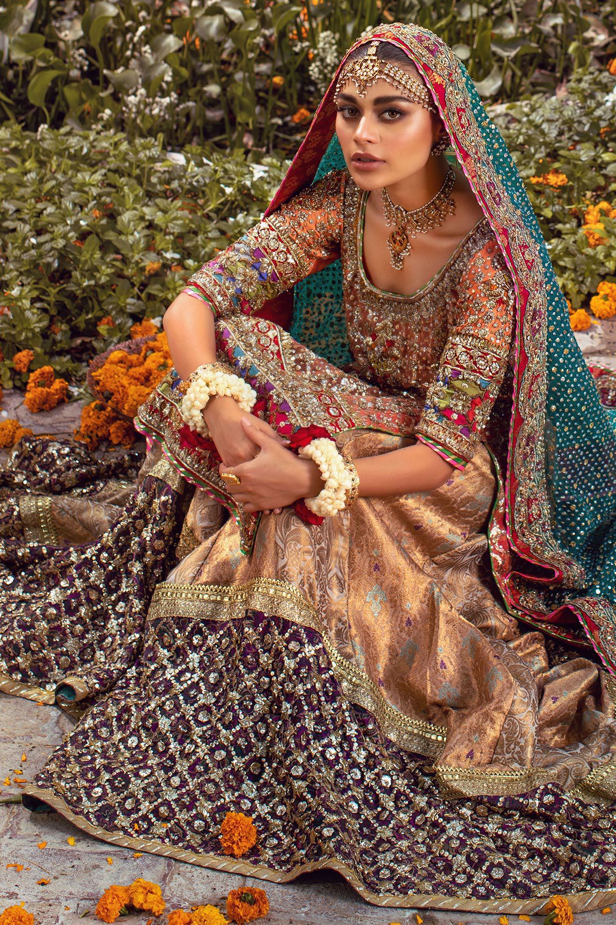 Coral Peach Embroidered Shimmer Organza Sharara (3-Piece) - Image 4