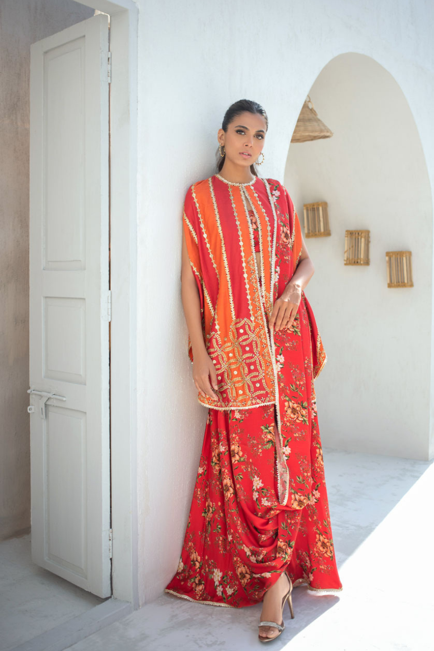 Pakistani Bright Coral Embroidered Khaddi Silk Cape with Draped Sari (2-Piece) - Image 1