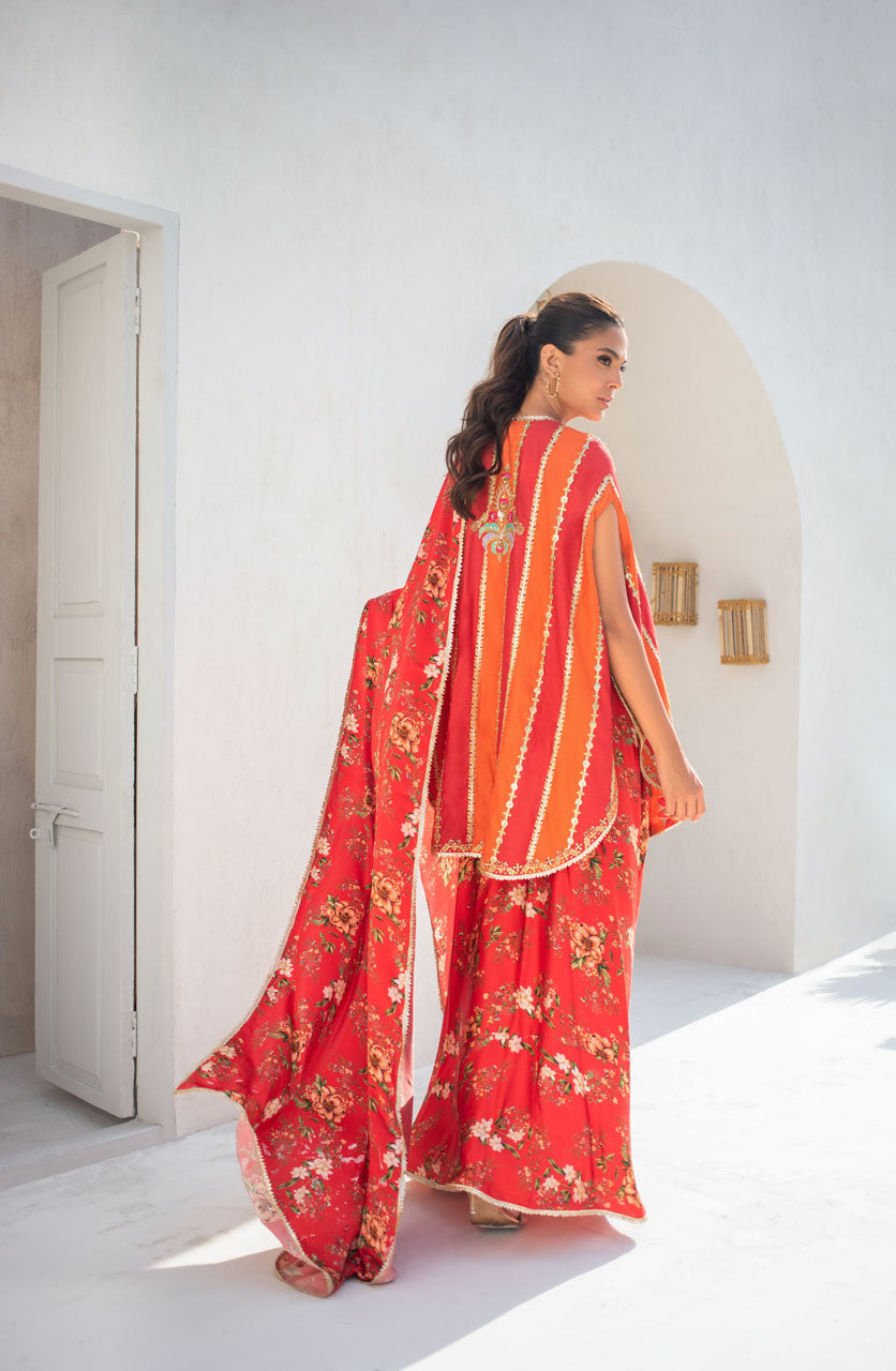 Pakistani Bright Coral Embroidered Khaddi Silk Cape with Draped Sari (2-Piece) - Image 2