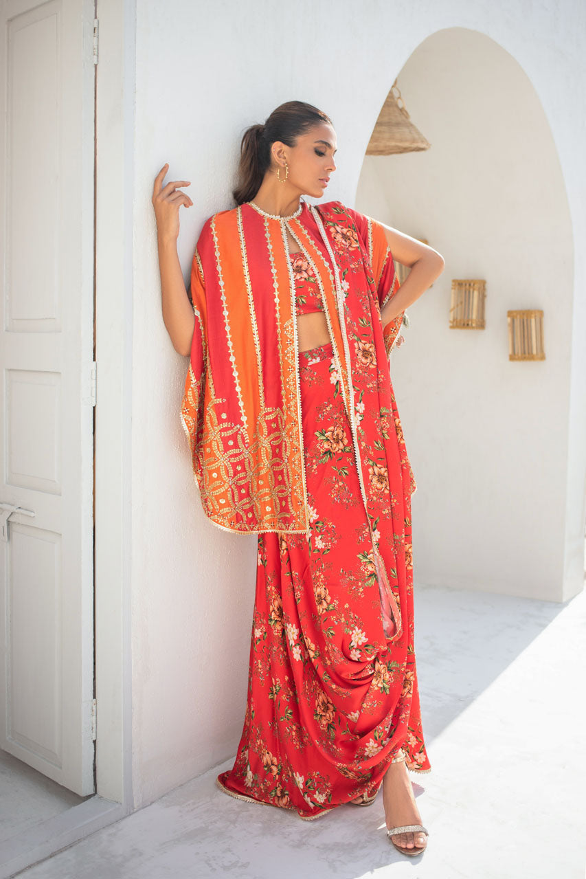 Pakistani Bright Coral Embroidered Khaddi Silk Cape with Draped Sari (2-Piece) - Image 3
