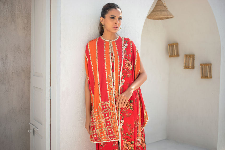 Pakistani Bright Coral Embroidered Khaddi Silk Cape with Draped Sari (2-Piece) - Image 4