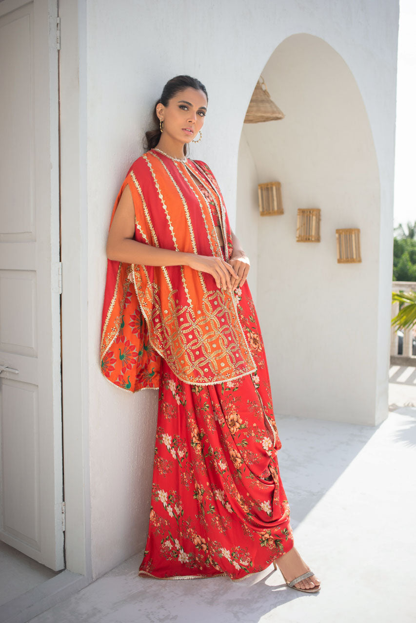 Pakistani Bright Coral Embroidered Khaddi Silk Cape with Draped Sari (2-Piece) - Image 5