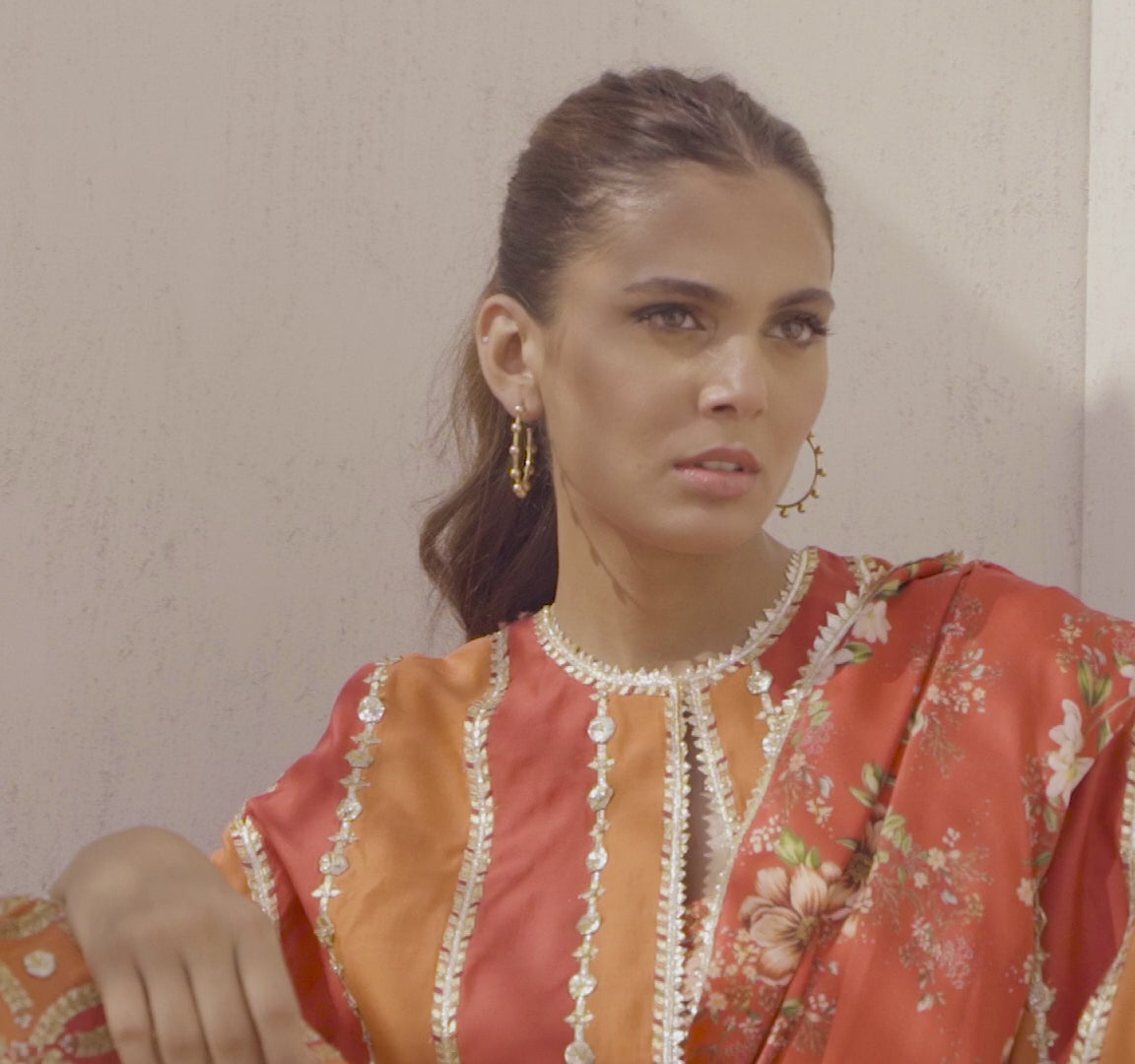 Pakistani Bright Coral Embroidered Khaddi Silk Cape with Draped Sari (2-Piece) - Image 8