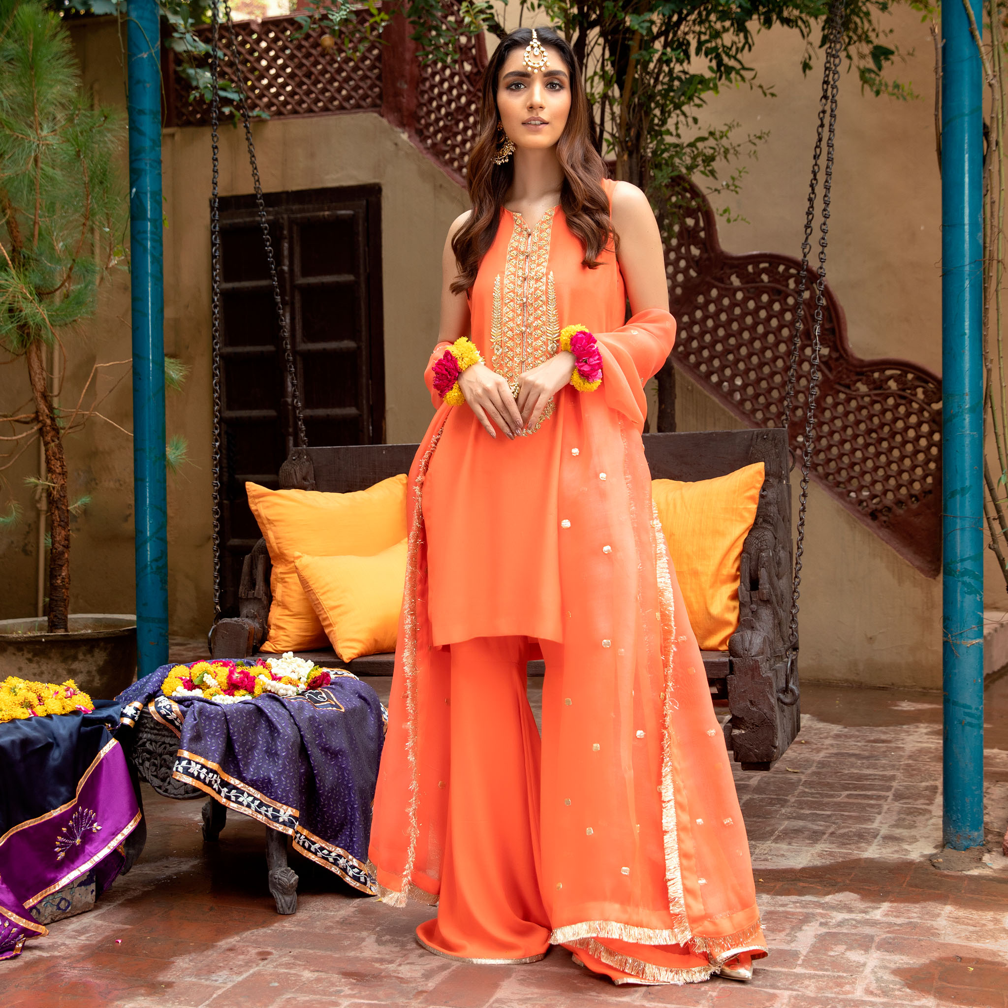 Bright Coral Zardozi Pure Crepe Gharara (3-Piece) - Image 1