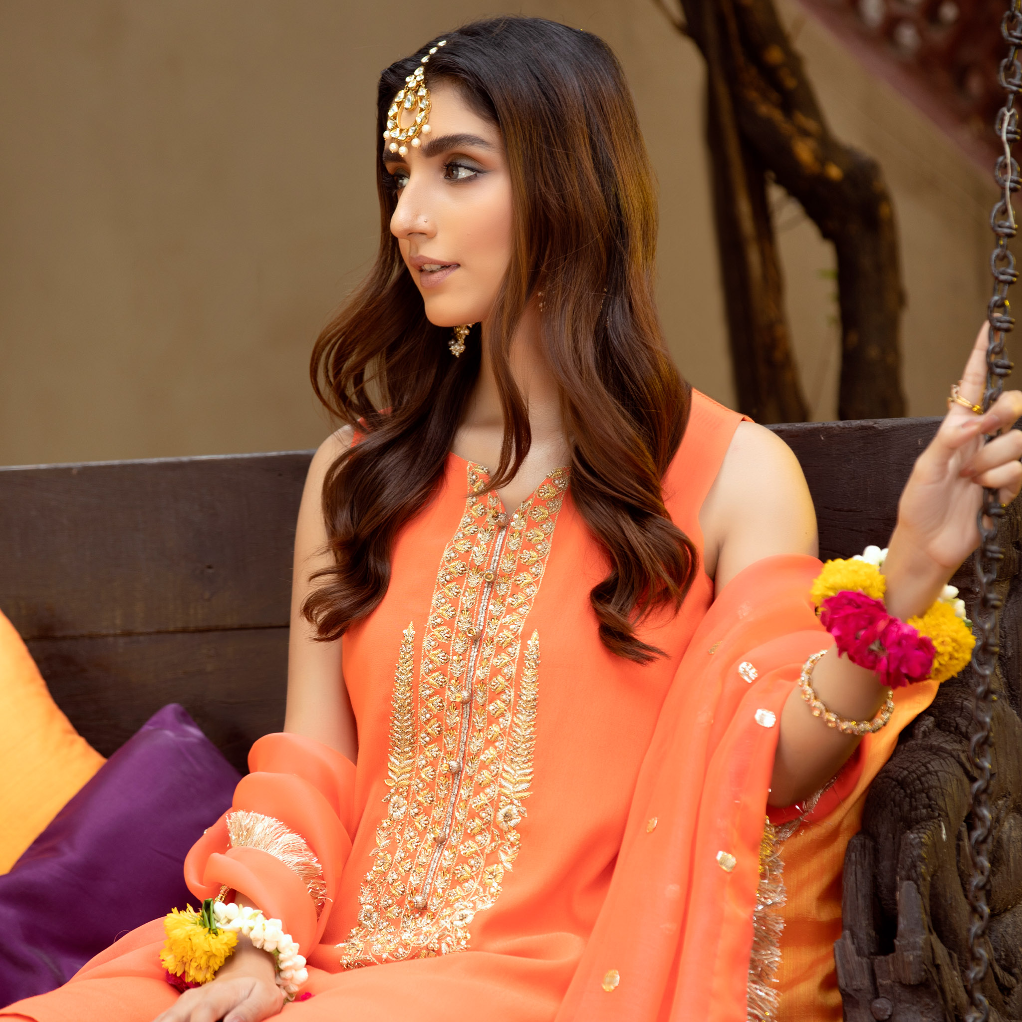 Bright Coral Zardozi Pure Crepe Gharara (3-Piece) - Image 5