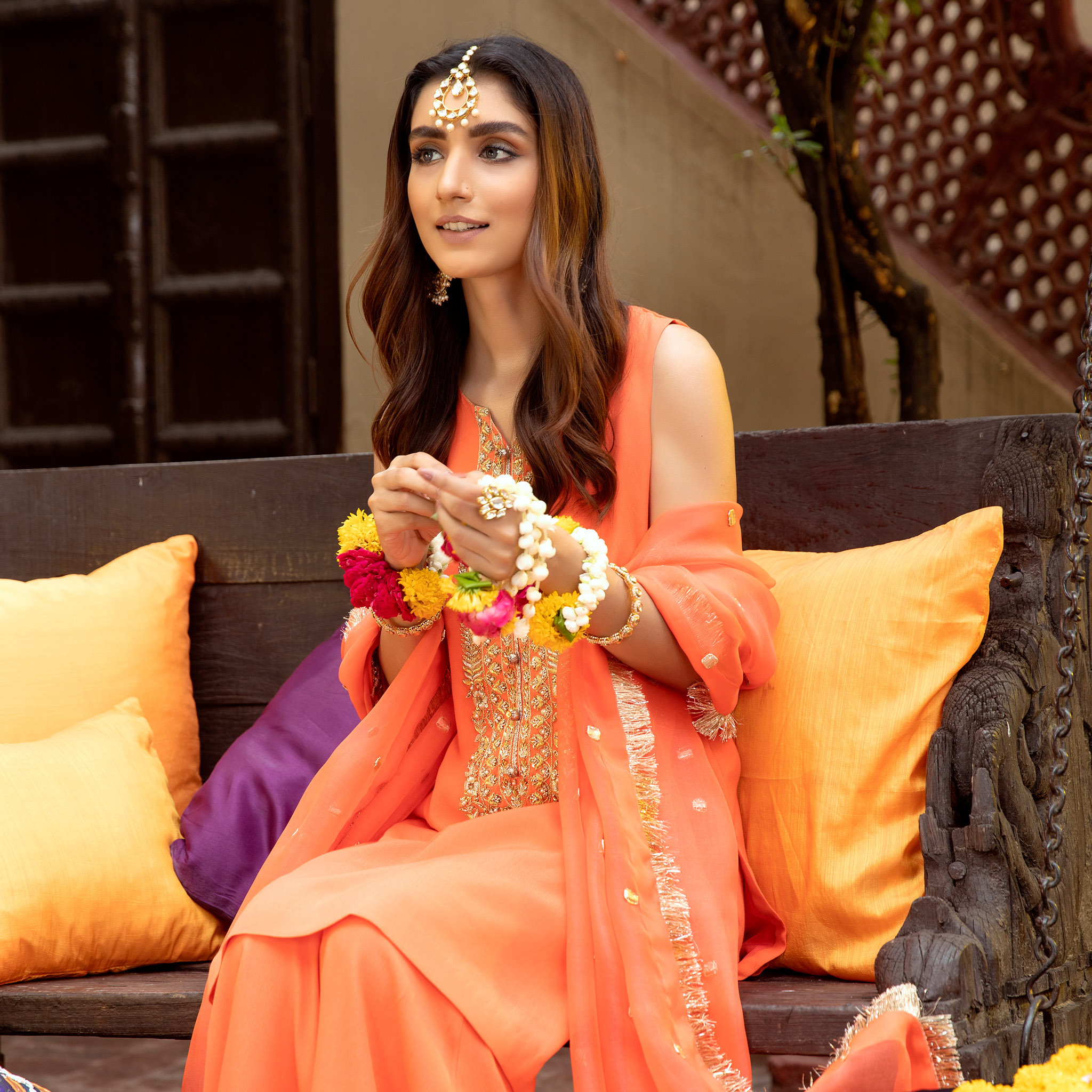 Bright Coral Zardozi Pure Crepe Gharara (3-Piece) - Image 6