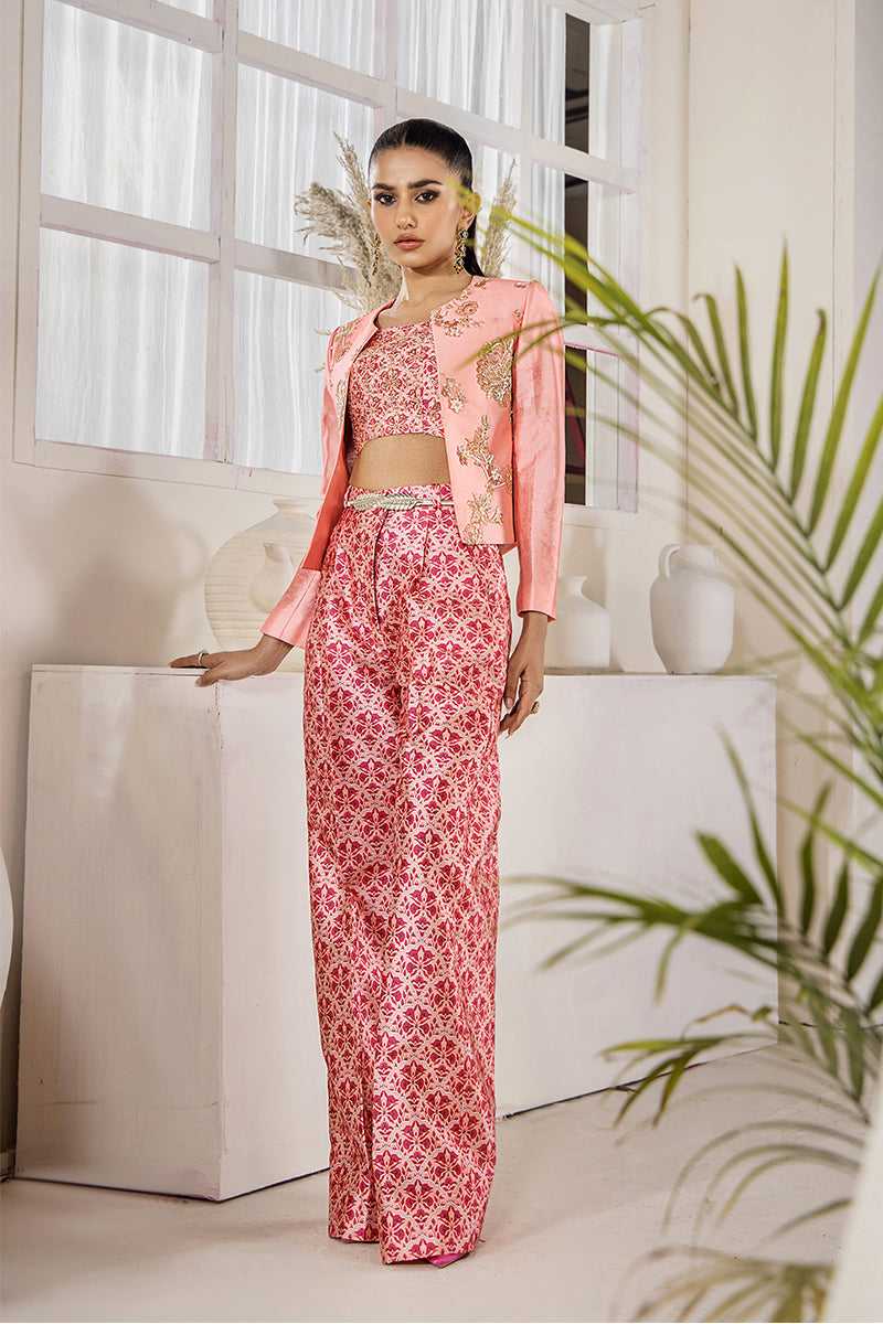 Coral Peach Embroidered Silk 3-Piece Jacket Set - Image 1