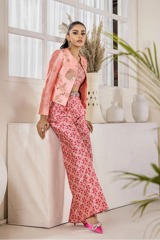 Coral Peach Embroidered Silk 3-Piece Jacket Set - Image 11