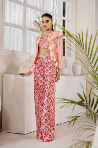 Coral Peach Embroidered Silk 3-Piece Jacket Set - Image 2