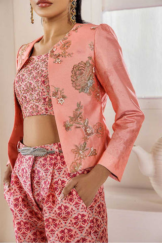 Coral Peach Embroidered Silk 3-Piece Jacket Set - Image 3