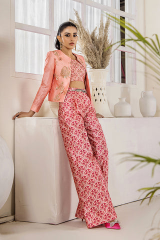 Coral Peach Embroidered Silk 3-Piece Jacket Set - Image 5