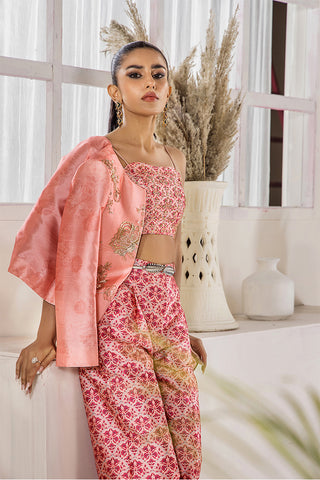 Coral Peach Embroidered Silk 3-Piece Jacket Set - Image 7