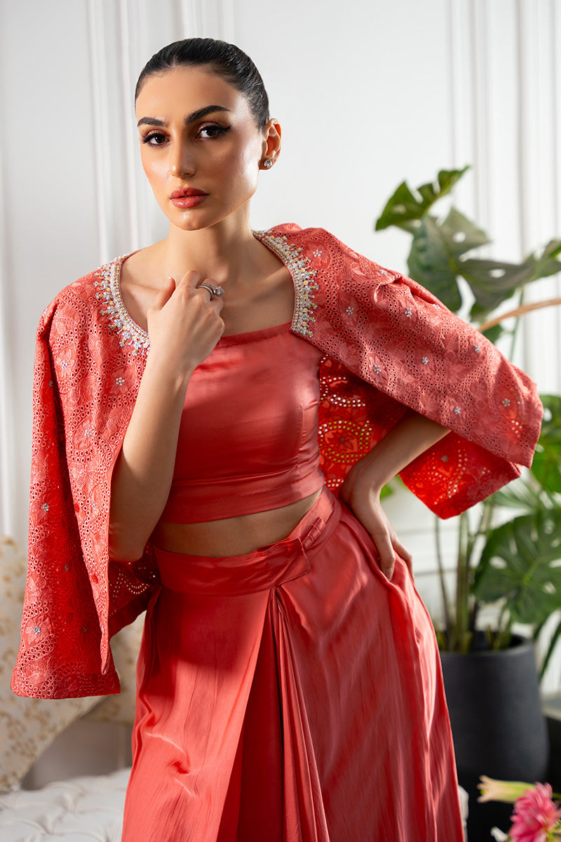 Salmon Coral Embroidered Silk Lehenga Set (3-Piece) - Image 3