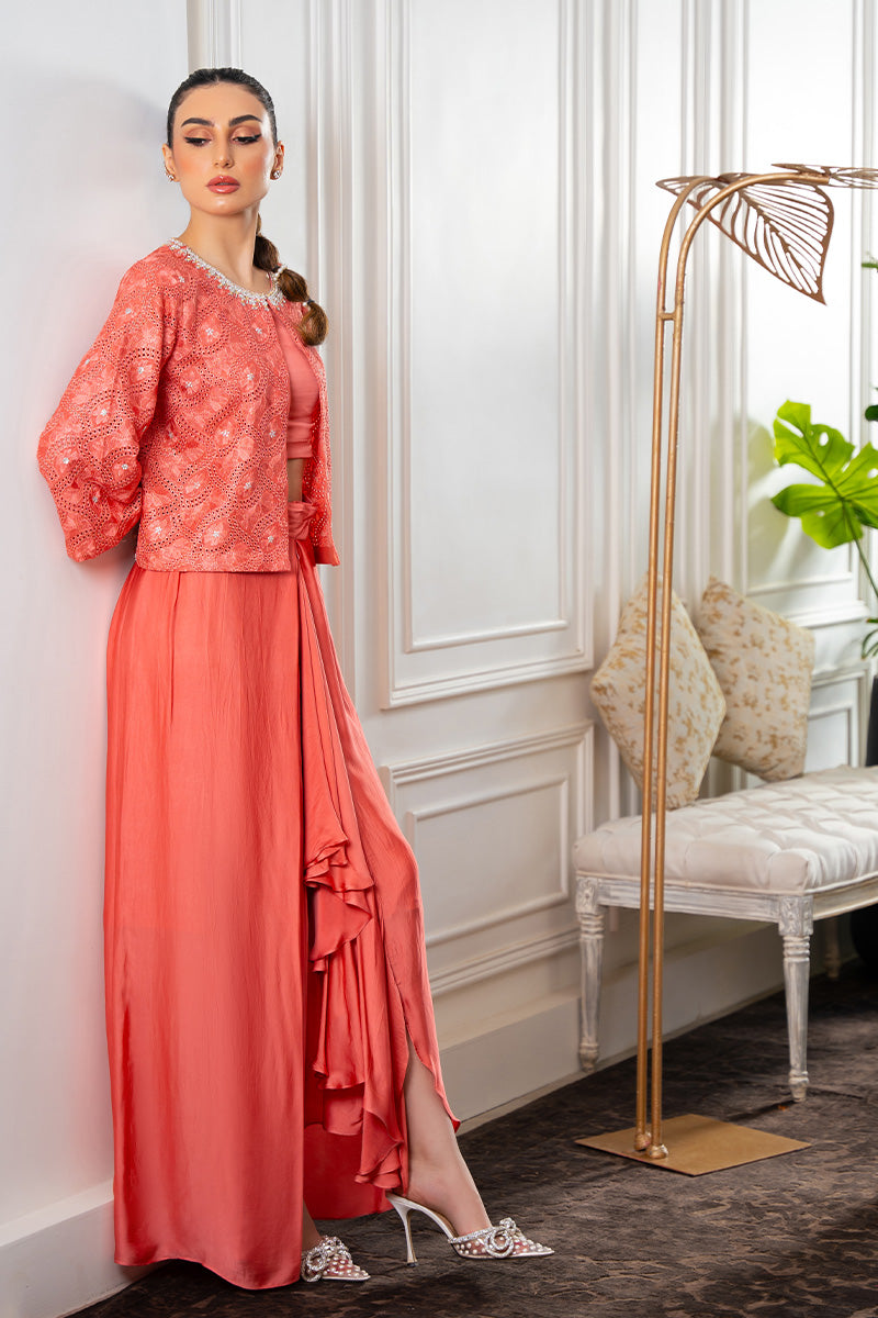 Salmon Coral Embroidered Silk Lehenga Set (3-Piece) - Image 4