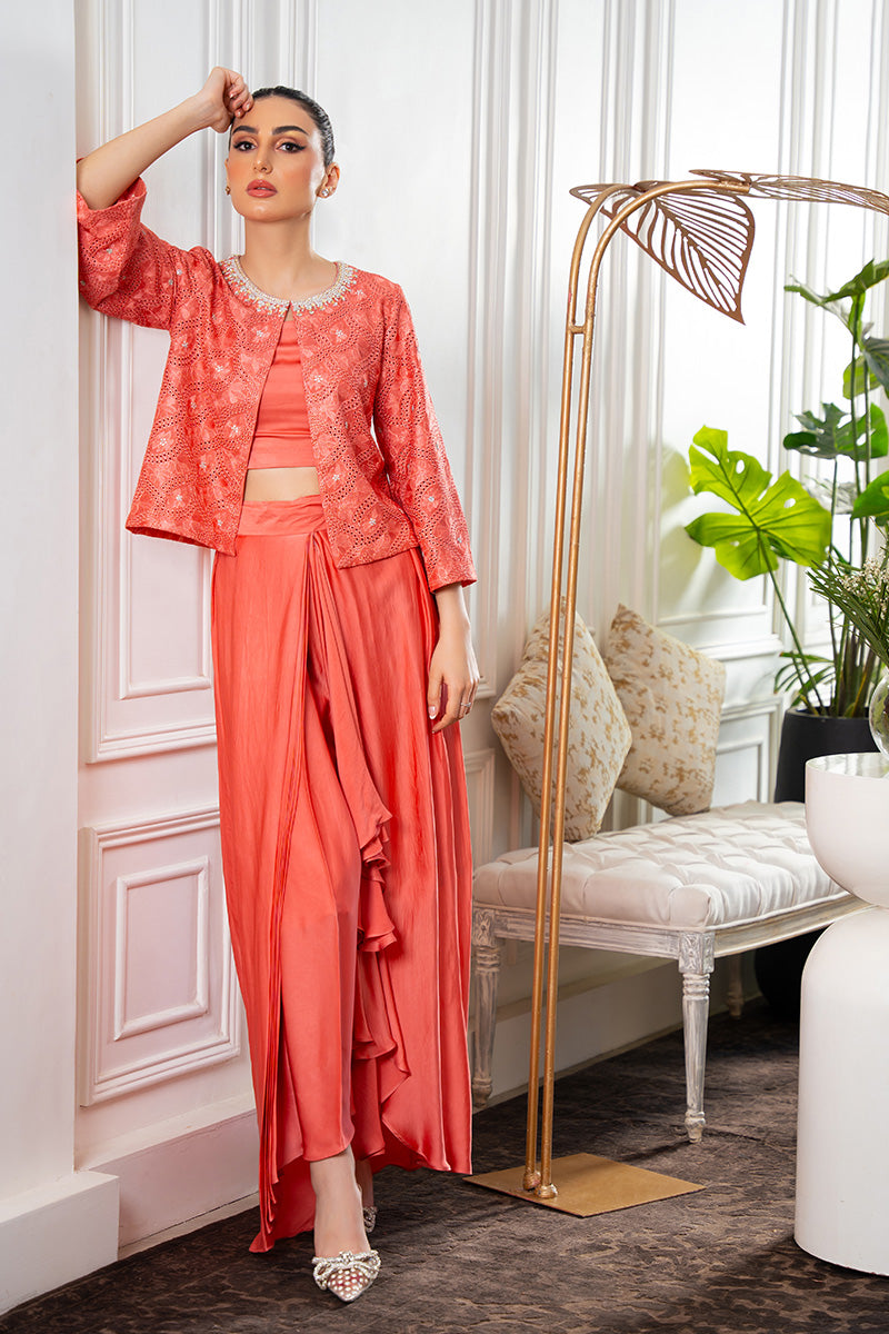 Salmon Coral Embroidered Silk Lehenga Set (3-Piece) - Image 5