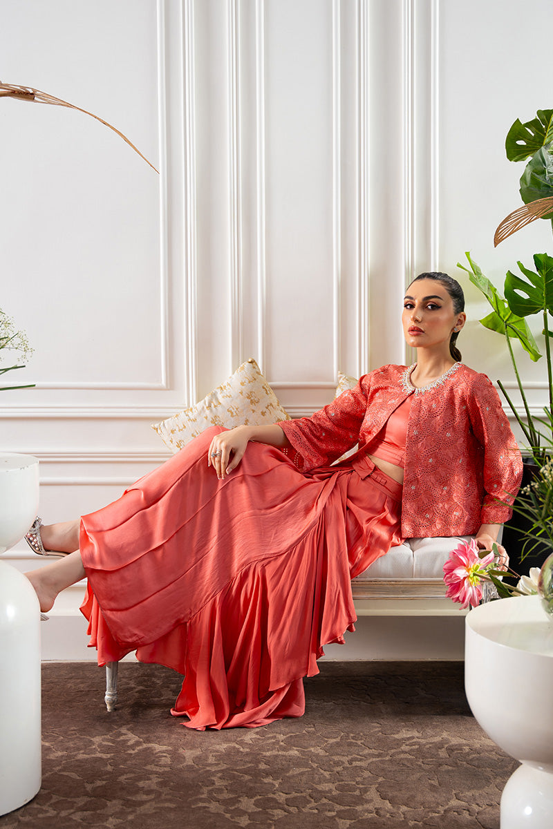 Salmon Coral Embroidered Silk Lehenga Set (3-Piece) - Image 8