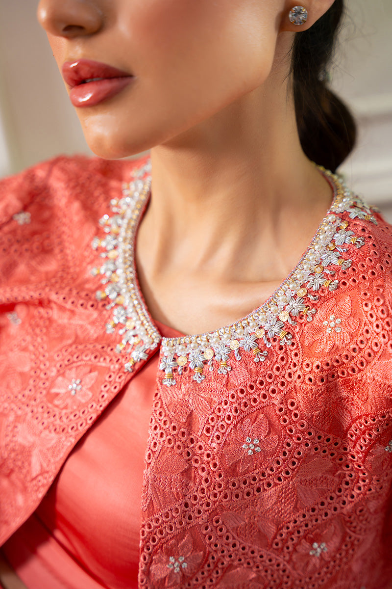 Salmon Coral Embroidered Silk Lehenga Set (3-Piece) - Image 9