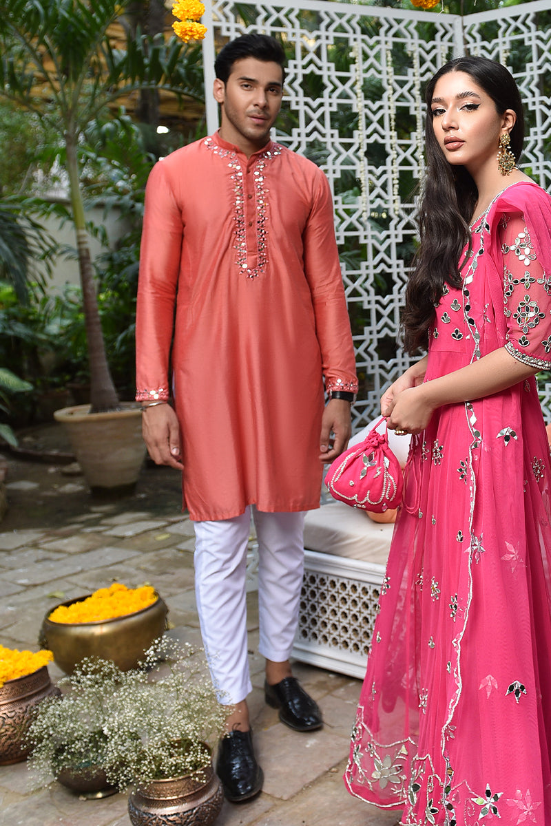 Coral Sheesha Embellished Katan Cotton Kurta (2-Piece) - Image 1