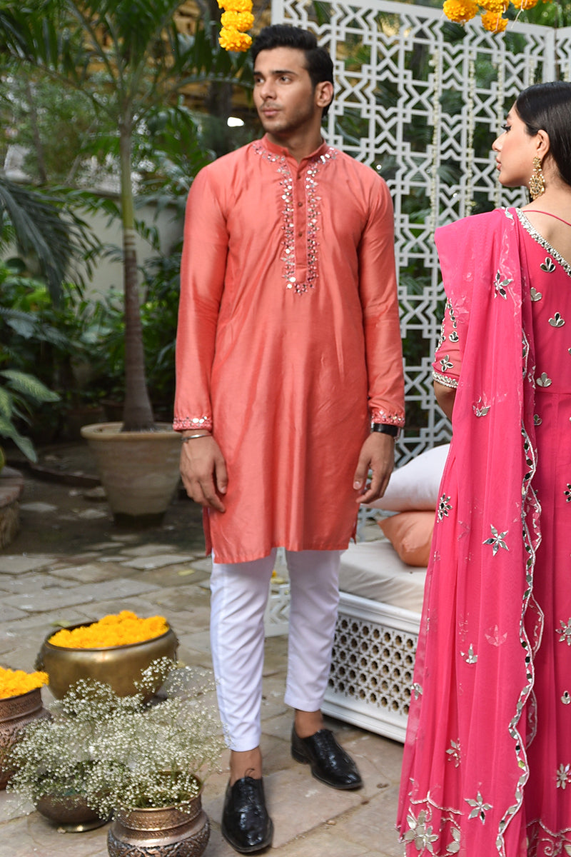 Coral Sheesha Embellished Katan Cotton Kurta (2-Piece) - Image 2