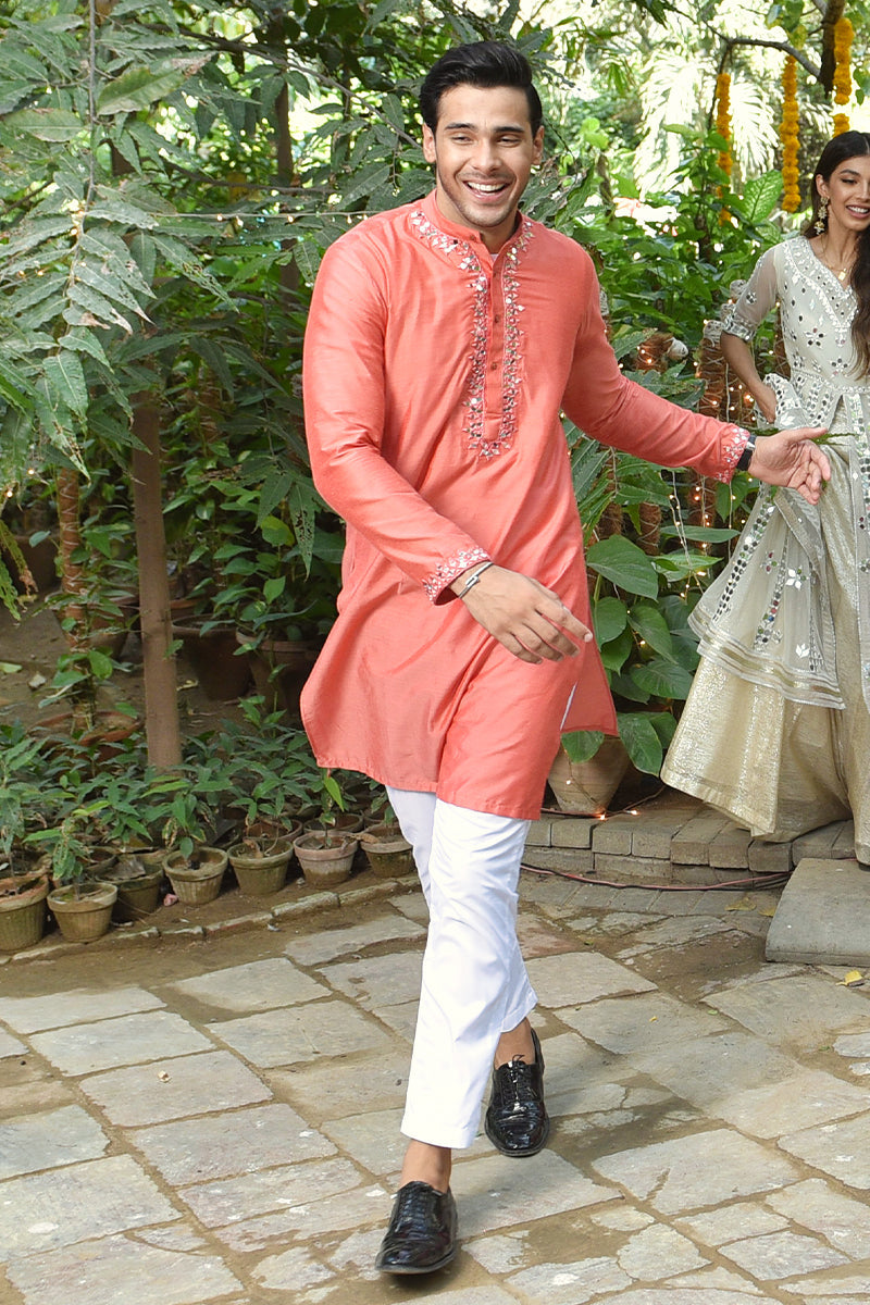 Coral Sheesha Embellished Katan Cotton Kurta (2-Piece) - Image 3