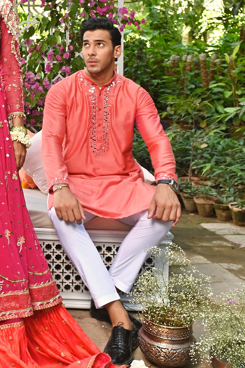 Coral Sheesha Embellished Katan Cotton Kurta (2-Piece) - Image 4