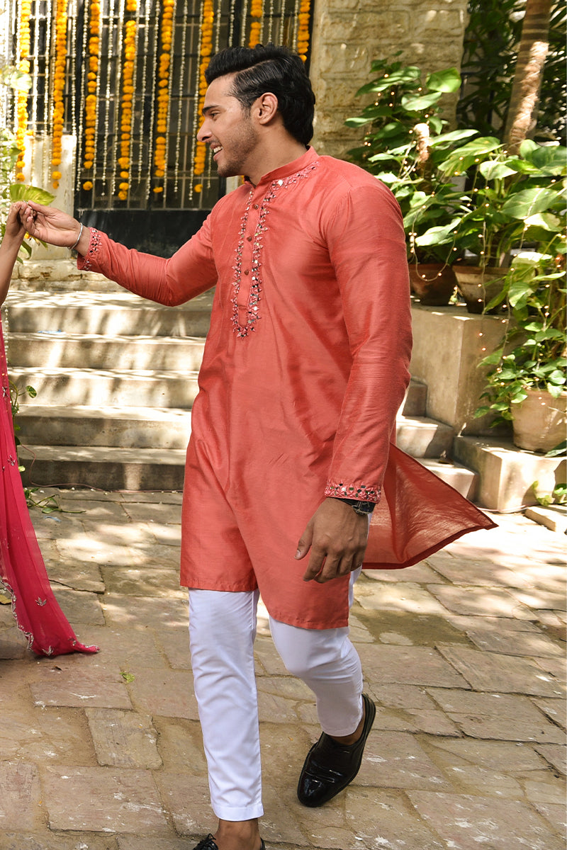 Coral Sheesha Embellished Katan Cotton Kurta (2-Piece) - Image 5