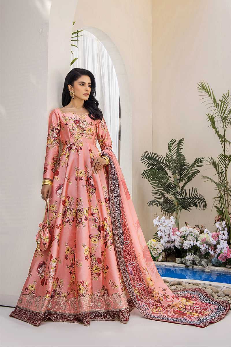 Coral Peach Embellished Digital Print Pishwas (3-Piece) - Image 1