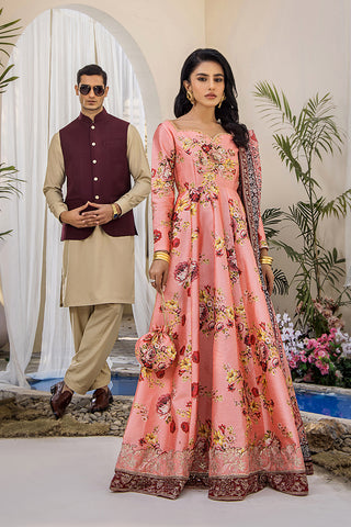 Coral Peach Embellished Digital Print Pishwas (3-Piece) - Image 12