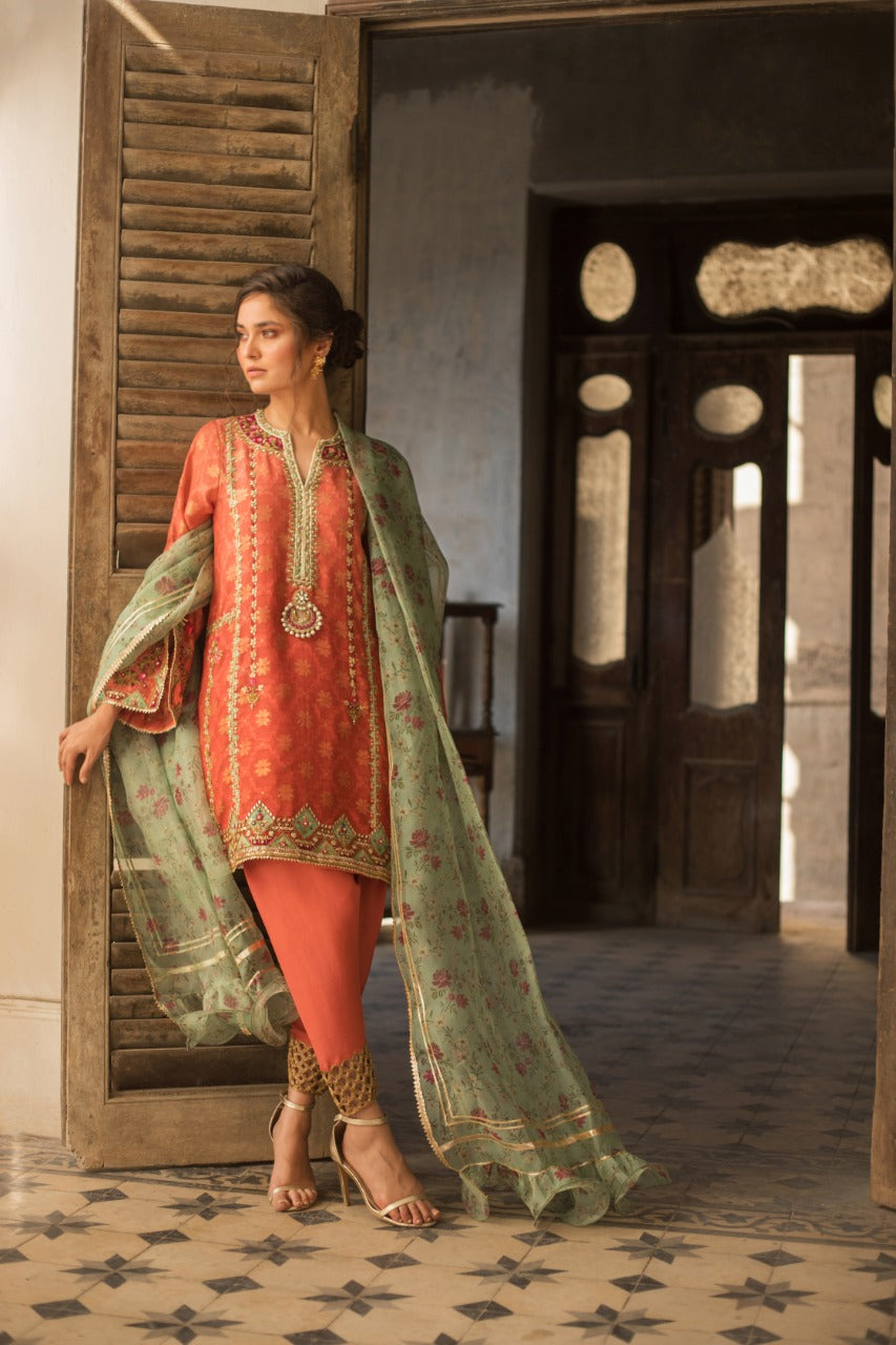Coral Zari Cotton Net Salwar Kameez (3-Piece) - Image 1