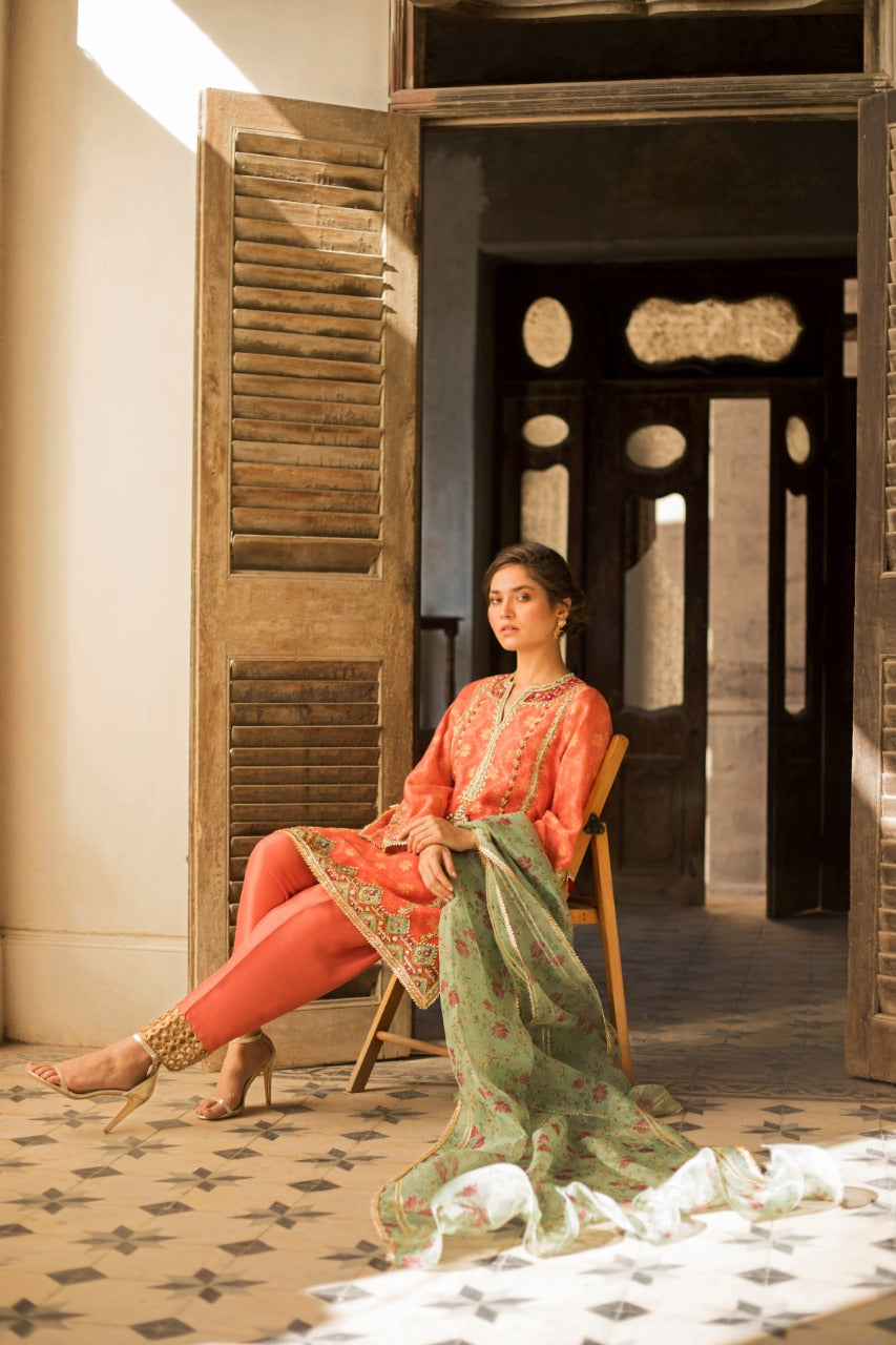 Coral Zari Cotton Net Salwar Kameez (3-Piece) - Image 2