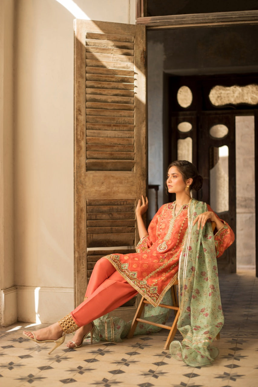 Coral Zari Cotton Net Salwar Kameez (3-Piece) - Image 3