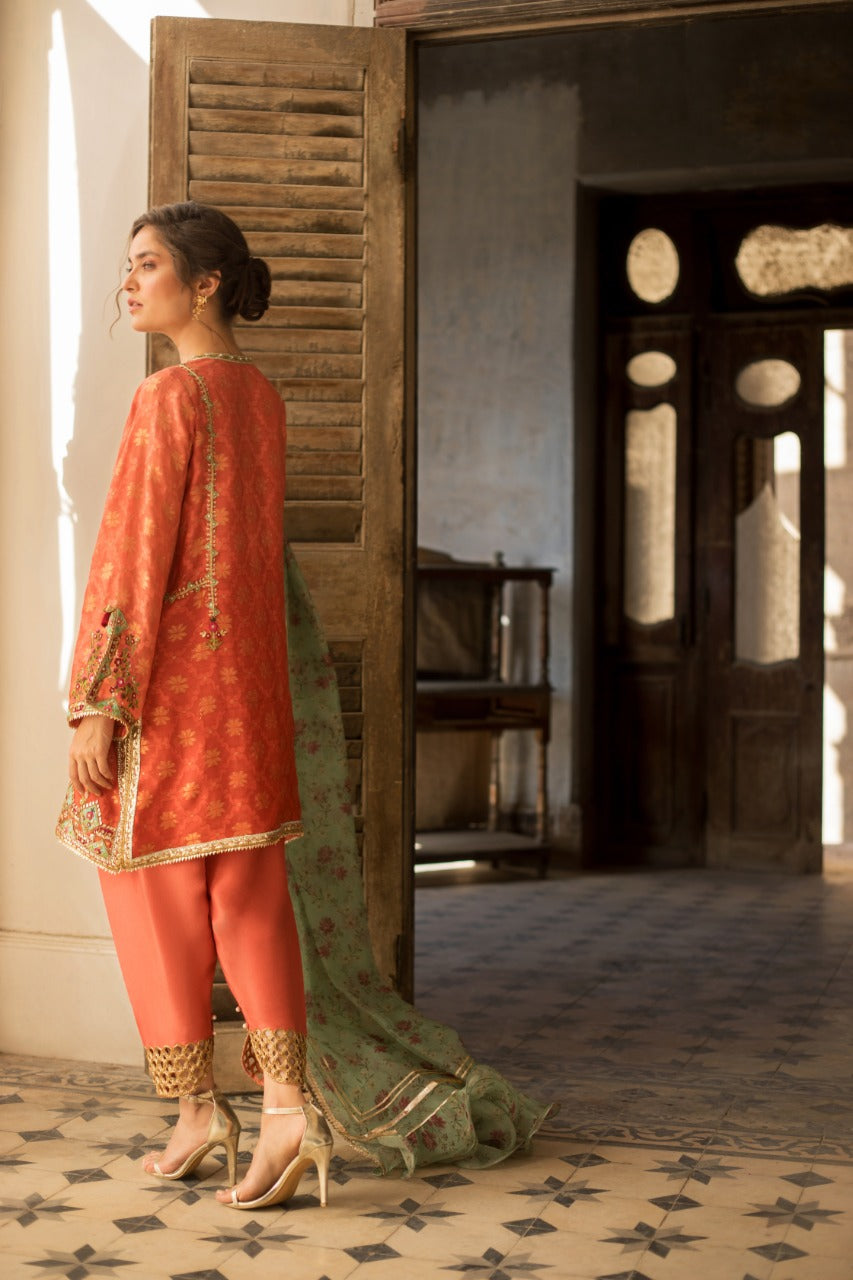 Coral Zari Cotton Net Salwar Kameez (3-Piece) - Image 5